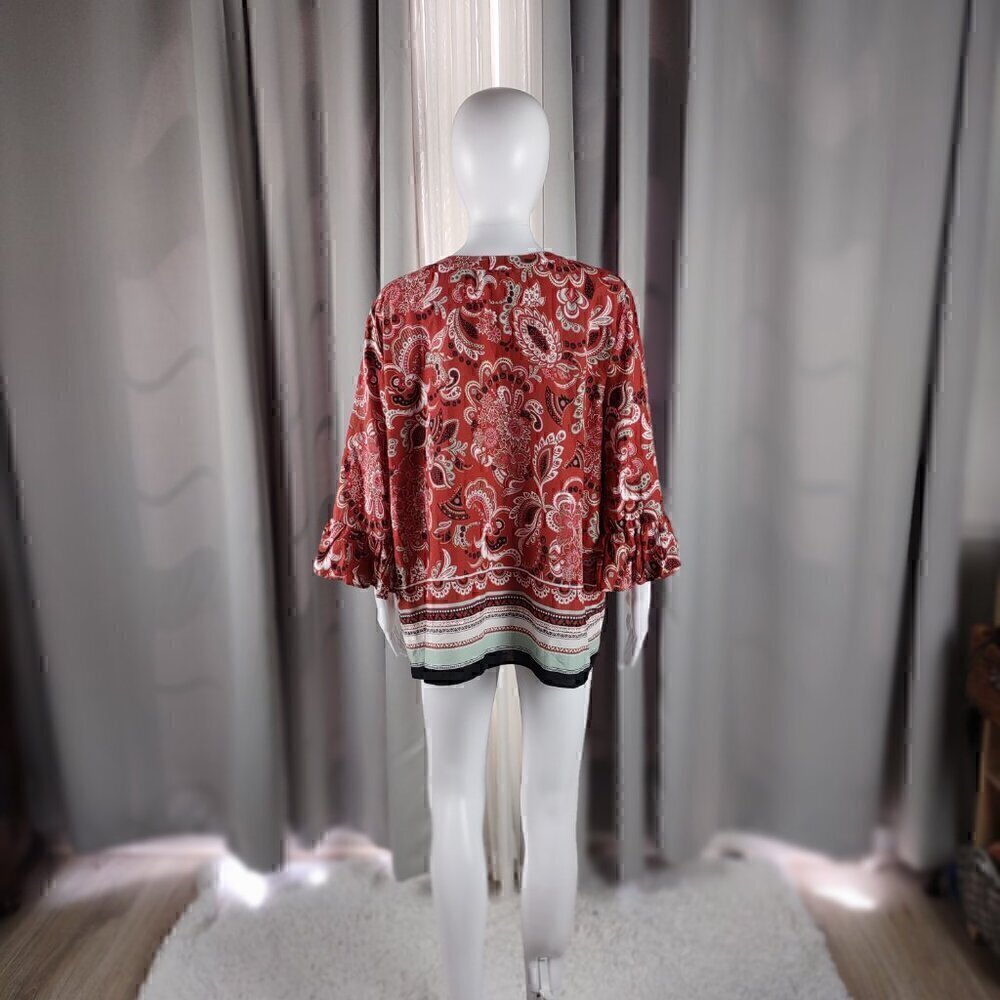 Ann Taylor Muted Red Clay Paisley Patterned Cotton Blend Bell Sleeve Top Size XL - Picture 3 of 12